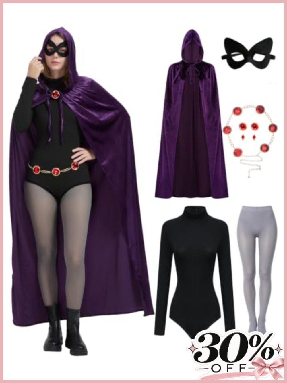 Raven Hooded Velvet Cloak Bodysuit Costume Set 6pc